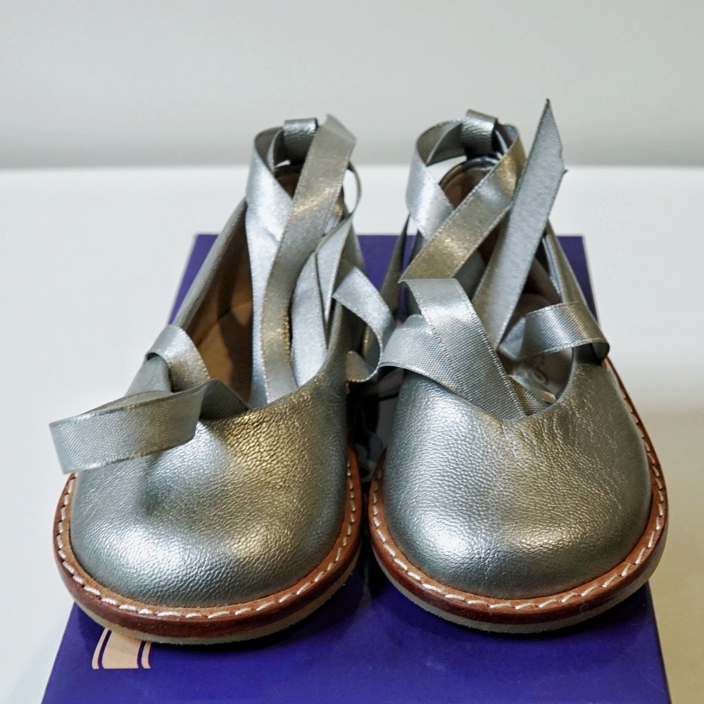 Silver Baby Size 4 Ballet Ribbon Flats | Vintage Peruvian Lamb Leather