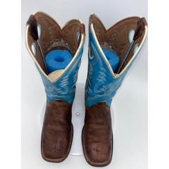 JUSTIN Kids Cowboy Boot Western Little Boy Youth 2 Brown Blue Leather Square Toe