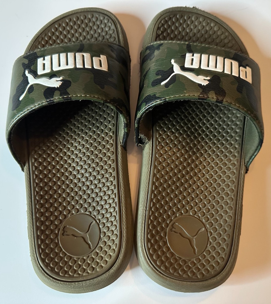 Puma Camouflage Slide Sandals Size Childs Youth Size 3 Dark Olive Green/White