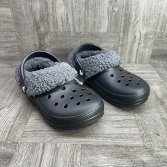 Crocs Classic Lined Clogs Kids J12 Black Grey Sherpa Fleece Warm NEW
