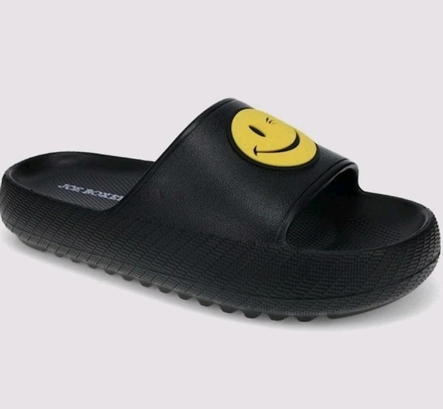 Joe Boxer Cloud Kids Black Smiley Face Slides Sandals Size 2 NWT