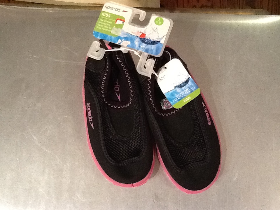 NWT Speedo Water Beach Pool Shoes Kids Black/Pink Slip-On L 9-10