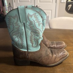 Justin Boots Brown Leather Foot & Turquoise Shaft Kids Western Boots