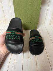 Gucci Embroidered Stripe Logo Canvas Slide Sandals Black Multicolor Sz 31 / 13