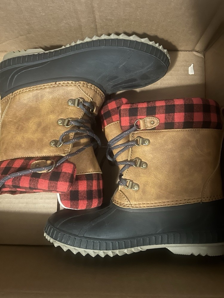 Gap Kids Snow Boots Tan/Black/Red Plaid Lace-Up Ankle Duck Boot US 5/6