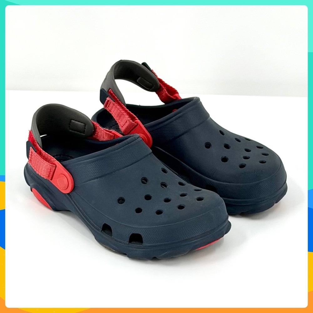 Kids Navy Blue CROCS Clogs w Red Adjustable Length Heel Straps Juvenile Size 3