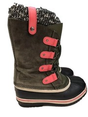 SOREL WATERPROOF BOOTS REMOVABLE INSERTS LEATHER OLIVE GREEN PINK Size 4 Youth