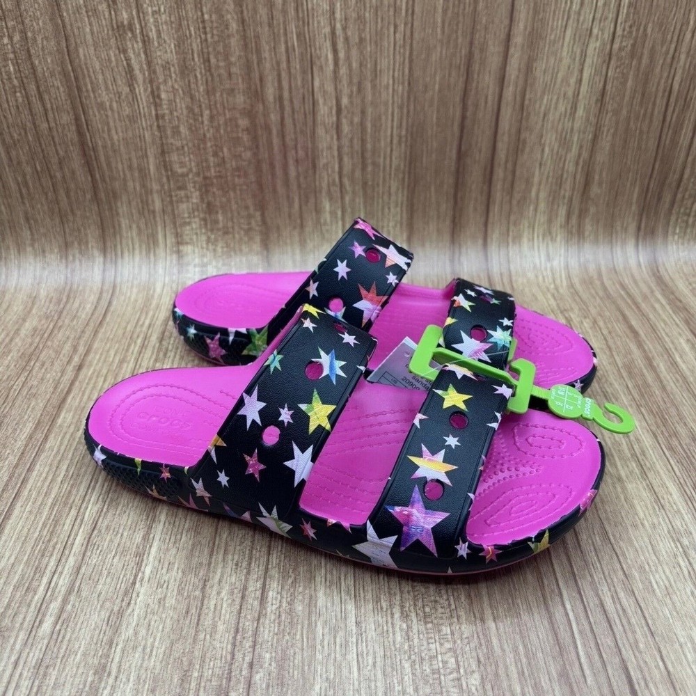 Crocs Classic Slide Black Pink Multi Kids J5 Star Pattern Sandals NEW