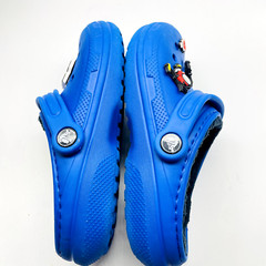 CROCS Blue Clogs Flannel Lined J3 Charms 12 Baseball Skateboard Checker Flags