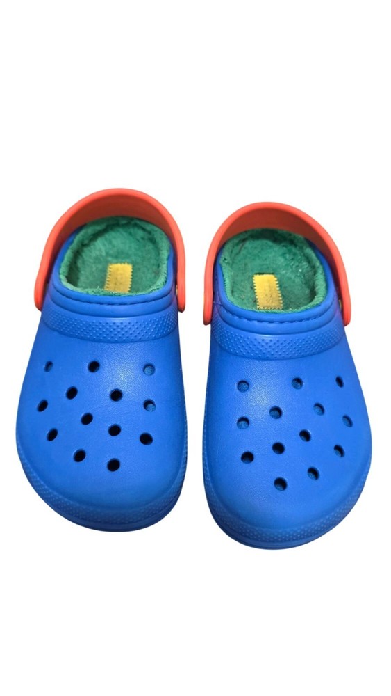 Crocs Kids Blue Clogs Blue Orange Strap & Green Fleece Lining Size j 1