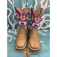 Roper Daisies Leather Boots Handcrafted Tan/Pink/Blue Youth Kids Size 2