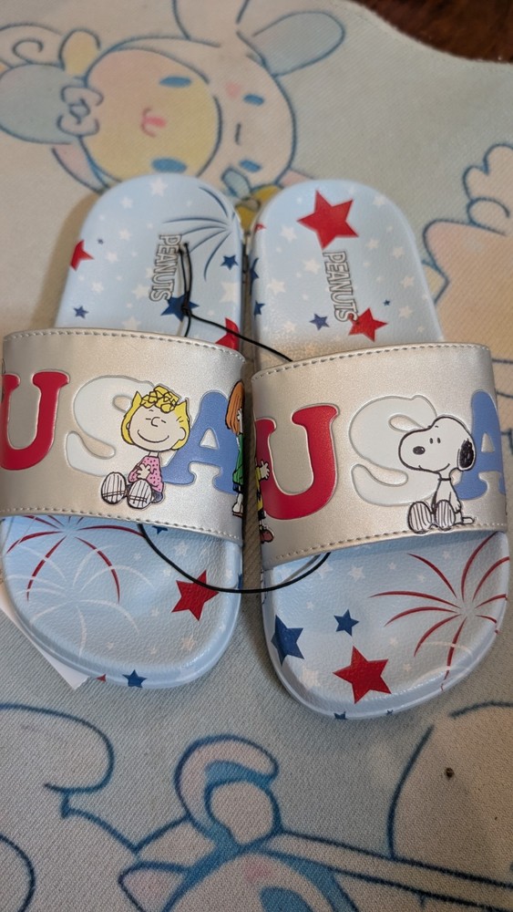 Peanuts USA Snoopy Charlie Brown Lucy Kid’s Slide Sandals Stars Blue Size 3
