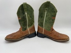 Old West Green / Brown Leather Western Cowboy Boots Youth Size 015 W/ Cross
