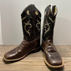 Old West Kids Boys Brown Leather Square Toe Western Cowboy Boots BSY1807 Size 4D
