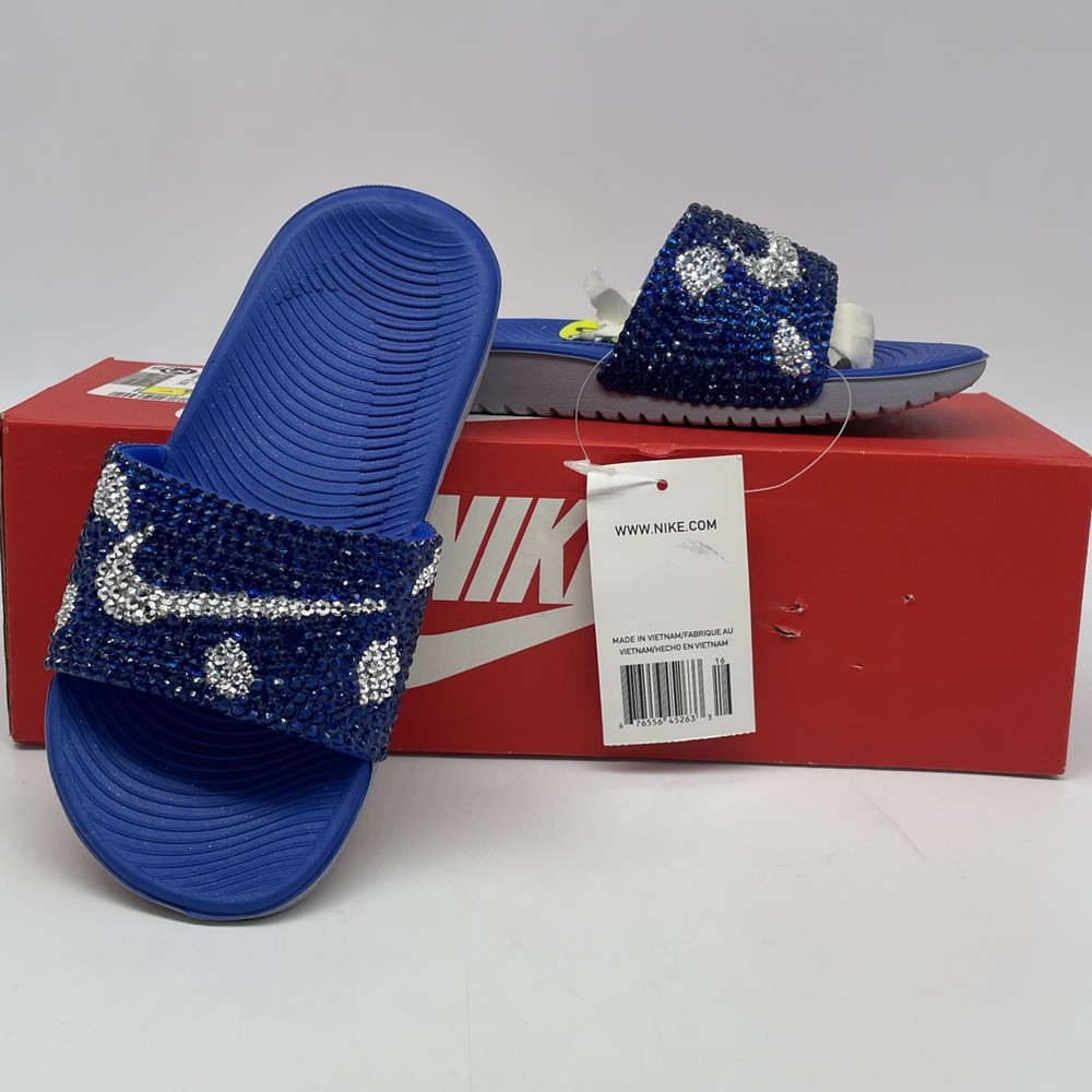 Nike KAWA Slide Blue Silver Grey Bling Rhinestones Kids 13c NWB MODIFIED