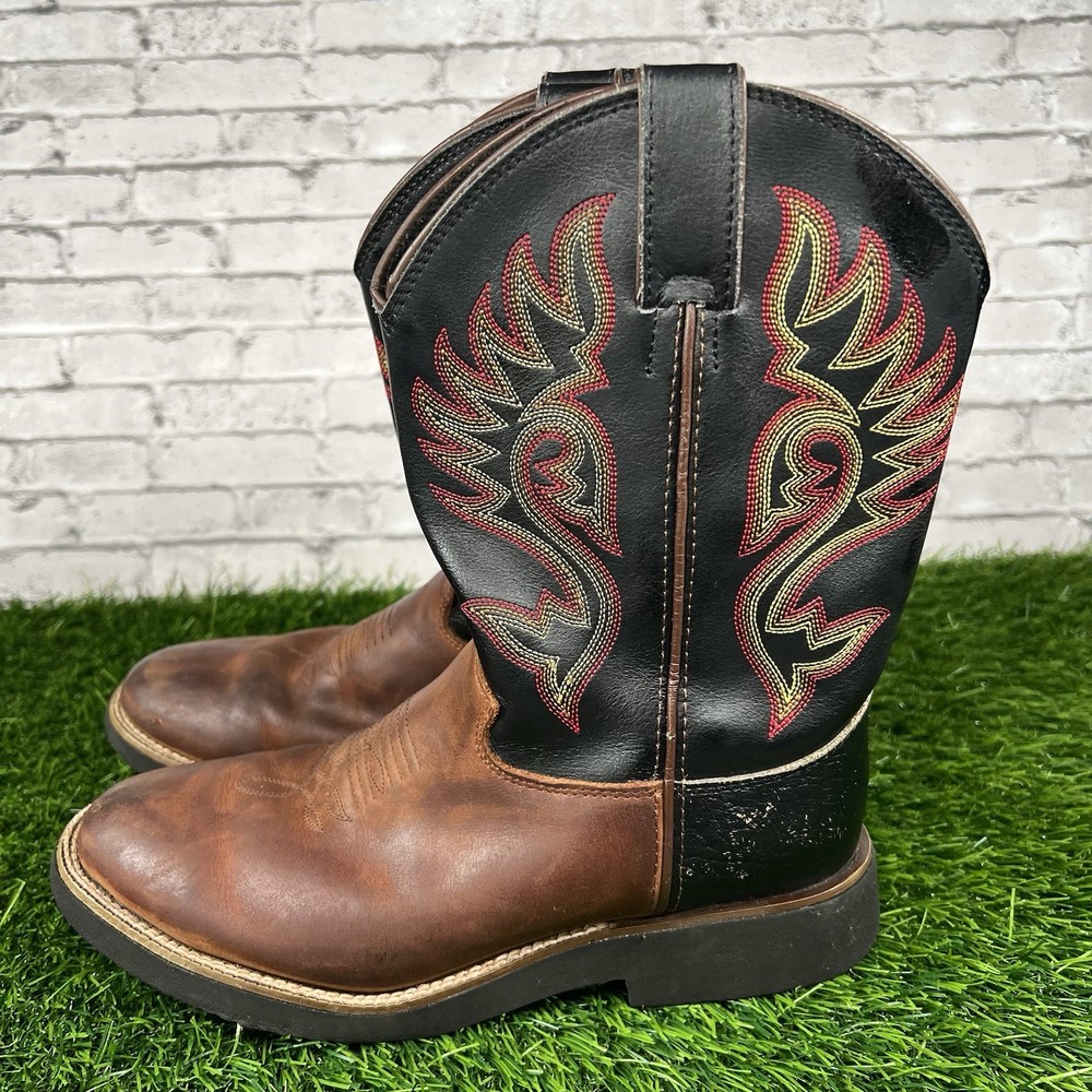 Justin Boots Youth 4D Brown Leather Black Western Cowboy Boots Flame Stitch