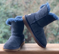 UGG Kids Boots Size 2 Bailey Button Suede Sheepskin Lining Warm Blue