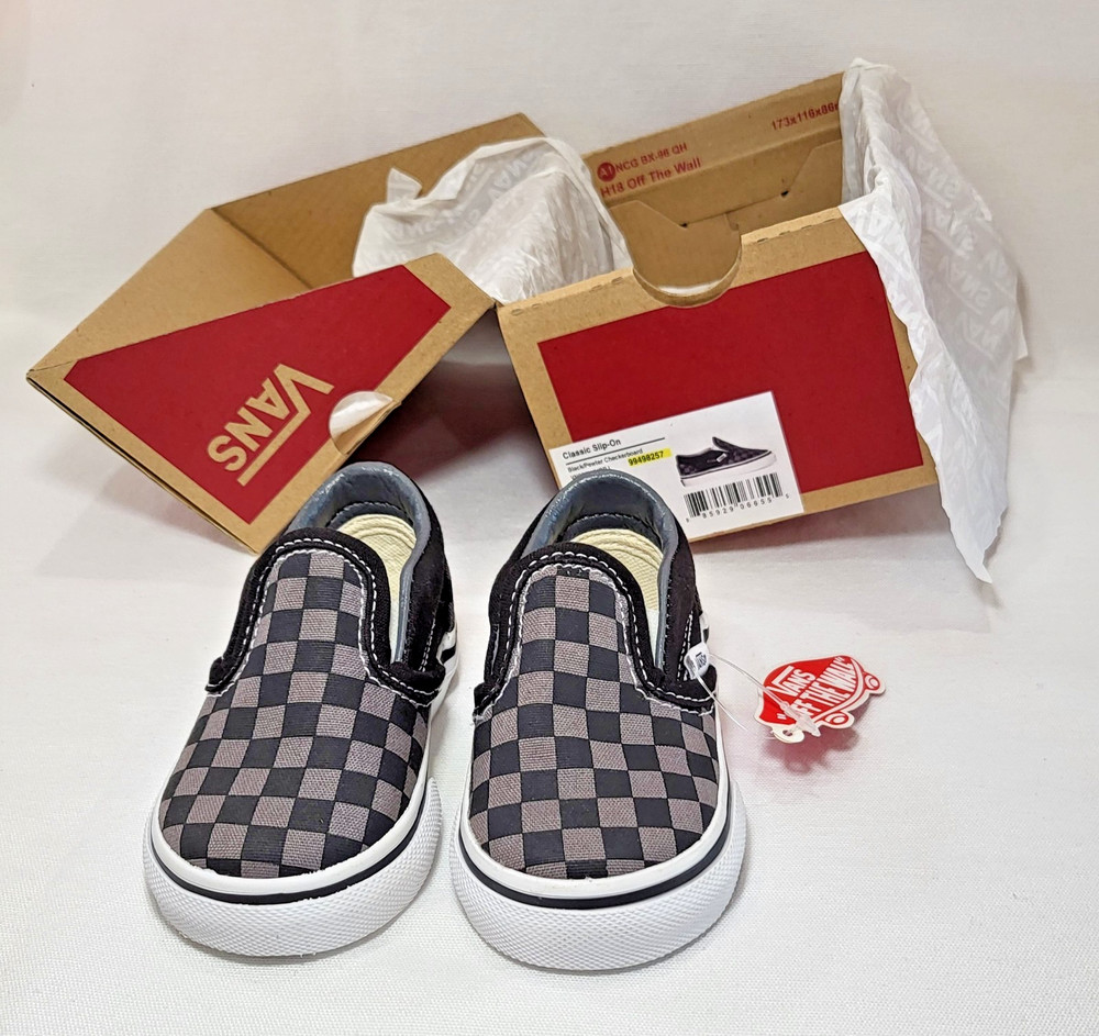 NWT & Box Vans Toddler Size 4 Classic Slip On Checkerboard Black/Pewter