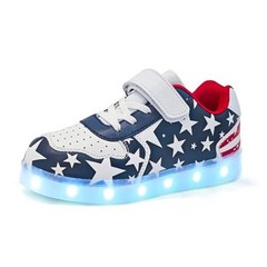 Kids LED Sneakers for Boys Hook&Loop Low Light Up Shoes 4 Big Kid White Blue