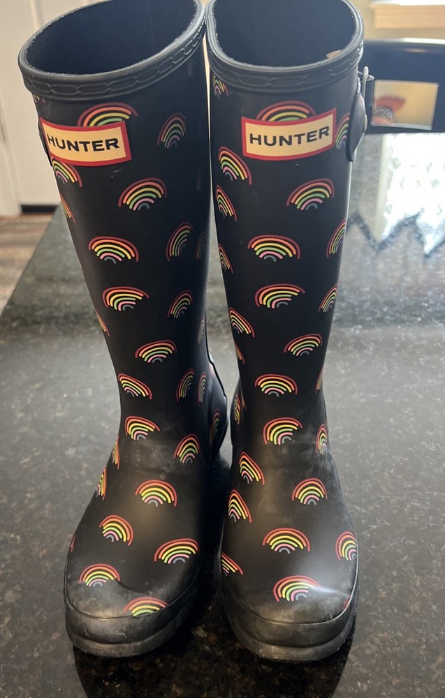 Hunter Boots Girls 3 First Classic Mini Rainbow Print Wellies Black Mid-Calf