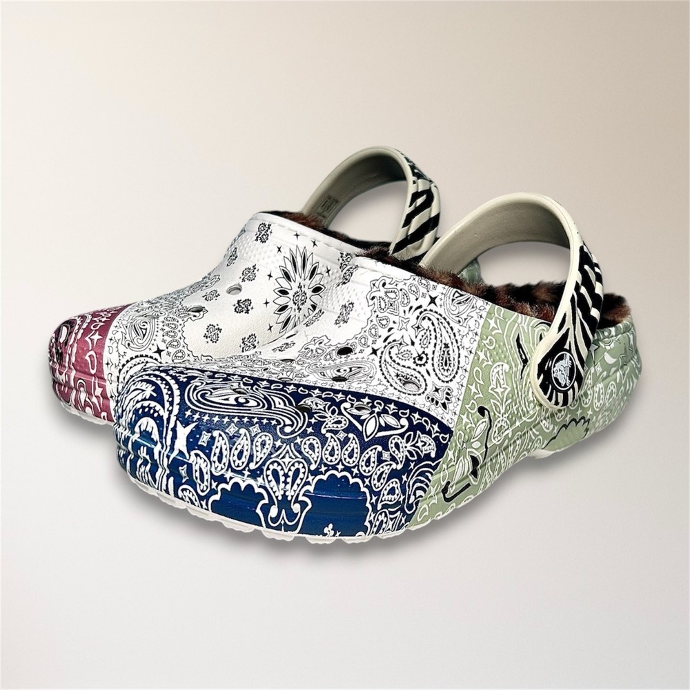 Crocs Classic Lined Bandana Zebra Clogs Kids J1 Paisley Faux Fur Multicolor NWT