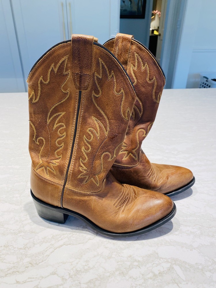 Boys Old West Brown/ Green Leather Western Cowboy Boots Size : 4