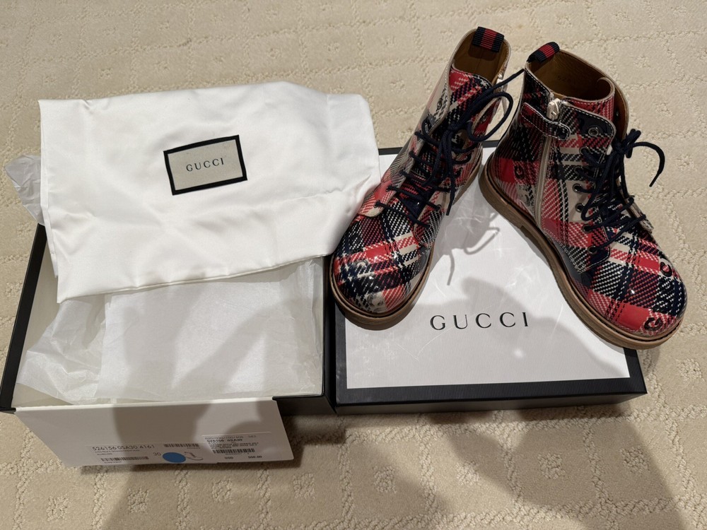 New Auth Gucci Kids Soleil Rubber Sole Boots Blue Red White Eur 30/ US 12.5