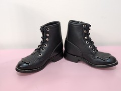 Justin Roper Lace Up Boots Youth Size 8.5 D Kiltie Black Leather Western 506C