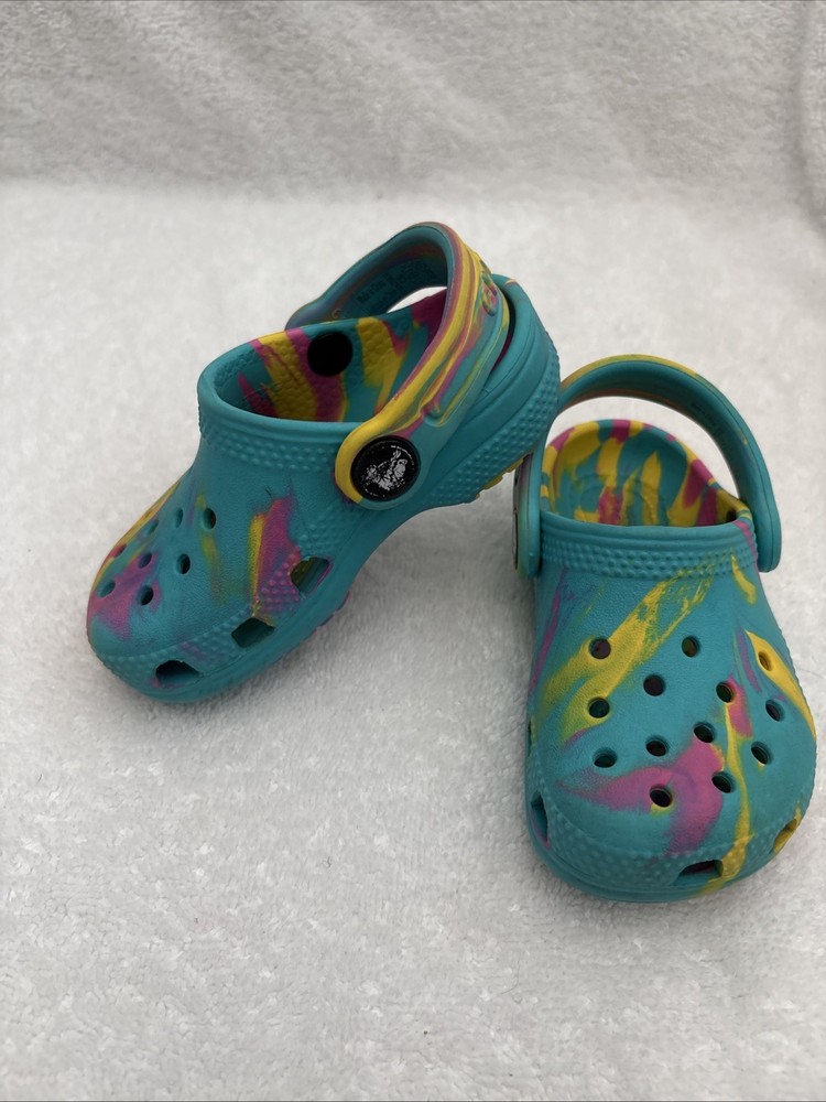 Girls Crocs Kids Marble Tie Dye Clogs Sandals Teal Pink Yellow Marble, C 6