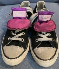 CONVERSE SNEAKERS ALL STAR SIZE 1 BLACK LOW TOPS W/PINK/PURPLE TONGUE CUTE!!