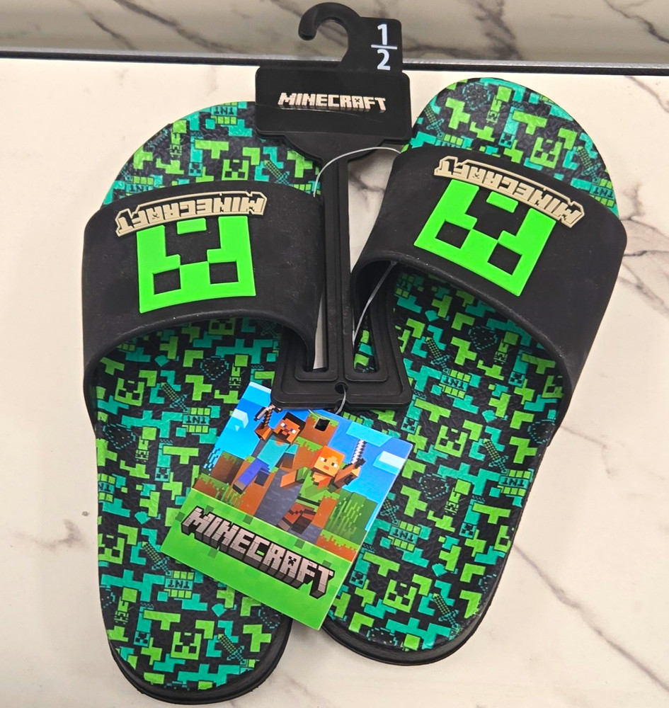 Minecraft Creeper Slide Sandals Unisex Kids US 1-2 Black/Green Slip On