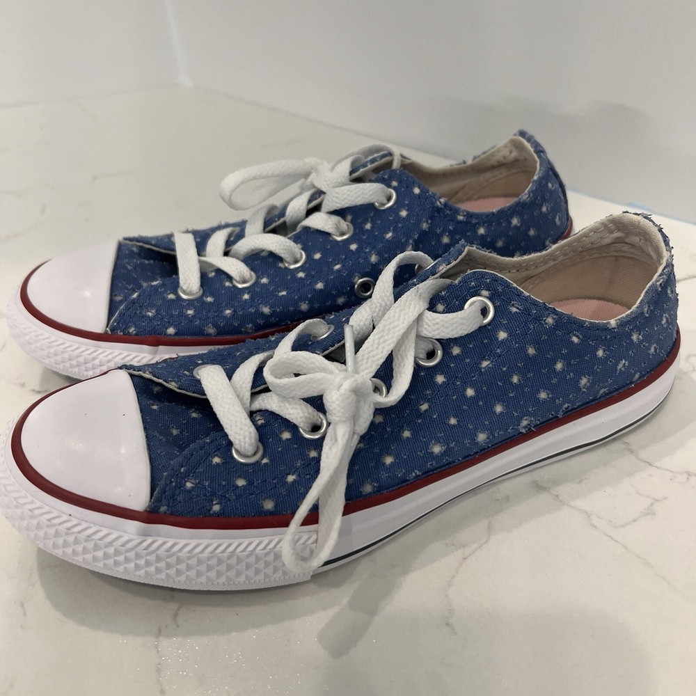 Converse All Star Chuck Taylor Low Top Double Tongue Youth Size 2 Blue with Dots