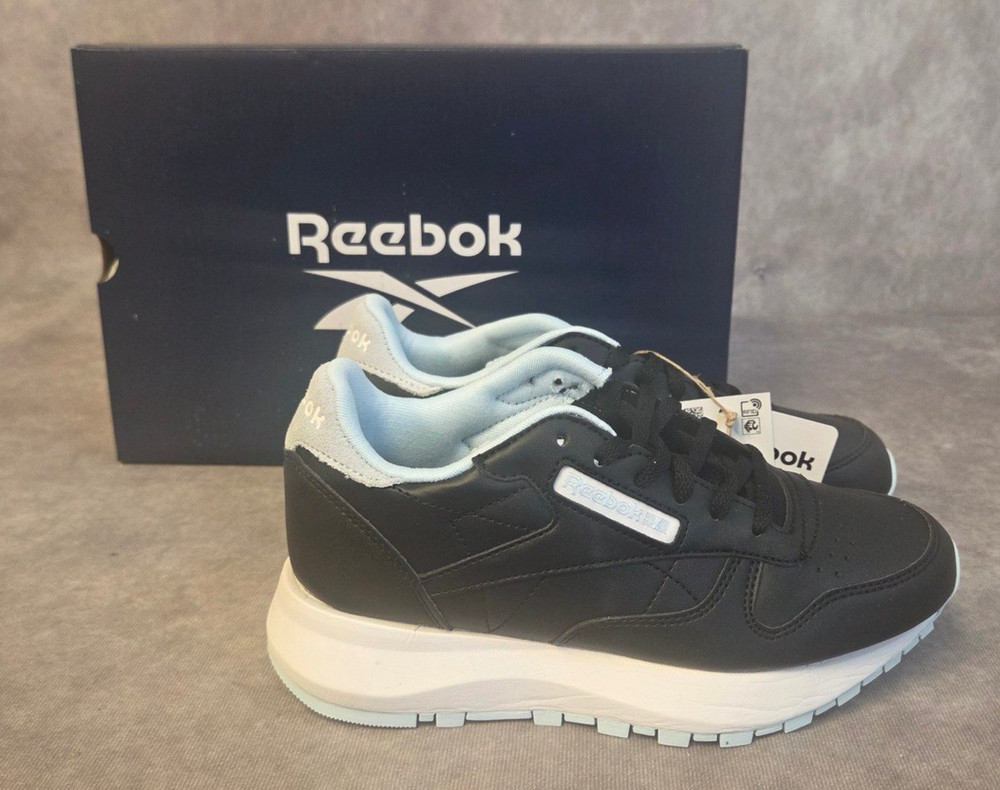 Reebok CL LEATHER SP Kids Running Shoes Black White Light Blue Size 4 GZ1997