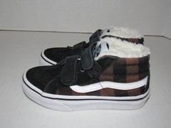 Vans Sk8 Mid Hook & Loop Black Suede Flannel Fur Shoes Kids Toddler Size 11.5