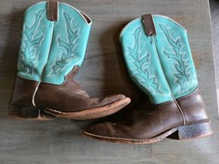 Justin Brown Turquoise Leather Square Toe Cowboy Western Boots Youth Size 4.5 D