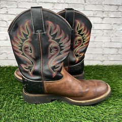 Justin Boots Youth 4D Brown Leather Black Western Cowboy Boots Flame Stitch