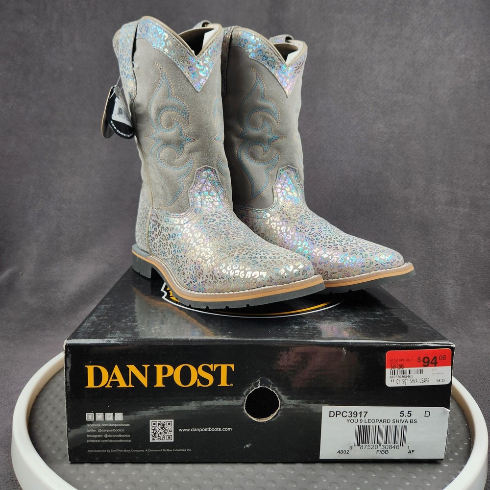 Dan Post Boots Youth Girls 5 D Shiva Gray Suede Metallic Leopard Print Western