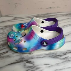 Crocs Kids Classic Purple Blue Marbled Clogs Girls Size J3 Charms Slip on Shoes