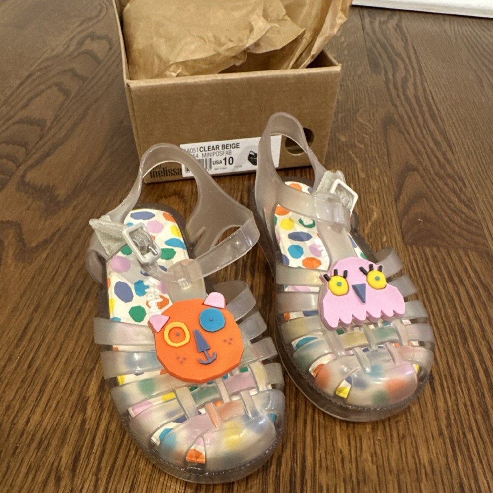 Mini Melissa MINIPOSFAB Clear Beige Fisherman Sandal US 10 Bear Owl Buckle