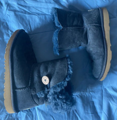 UGG Kids Boots Size 2 Bailey Button Suede Sheepskin Lining Warm Blue