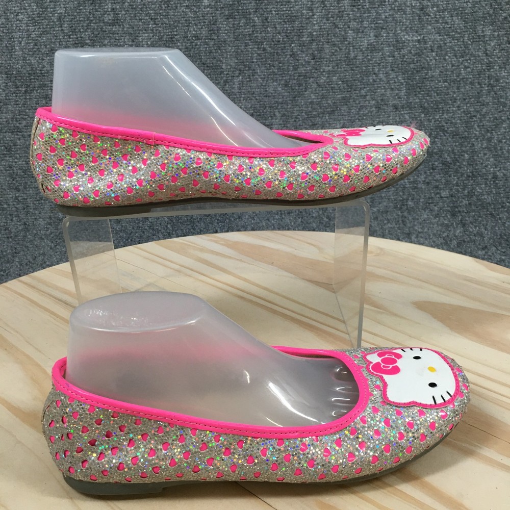Hello Kitty Shoes Youth 3 Ballet Flats Pink Sliver Glitter Printed Round Toe