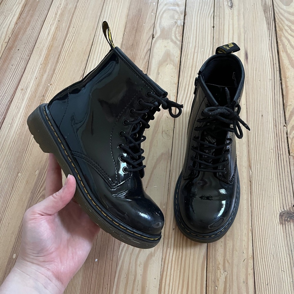 Dr. Martens 1460 J Black Patent Lamper Leather Lace Up Side Zip Boots Kids US 2