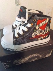 Ed Hardy High-Top Canvas Sneakers BLK Heart Skull EH04066001 Unisex Kids Sz 10