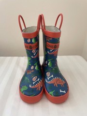 Lone Cone Child’s Orange Blue Green Rain Boots/ Size 9 Dinosaur