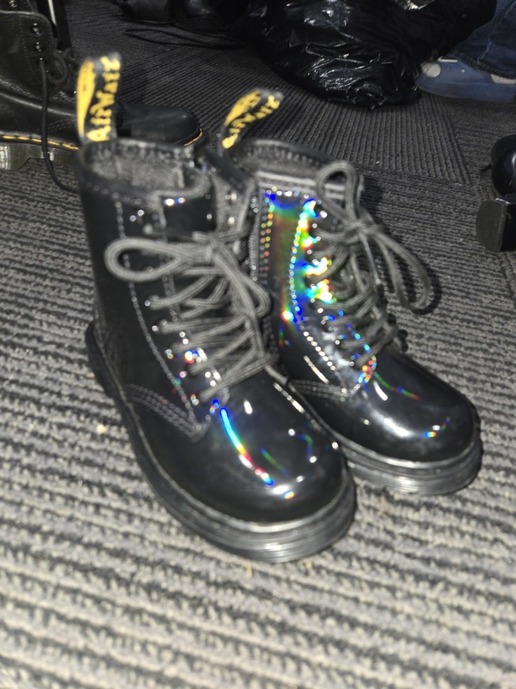 Kids Size 7 Holographic Black Dr Martens Combat Boots Lace up