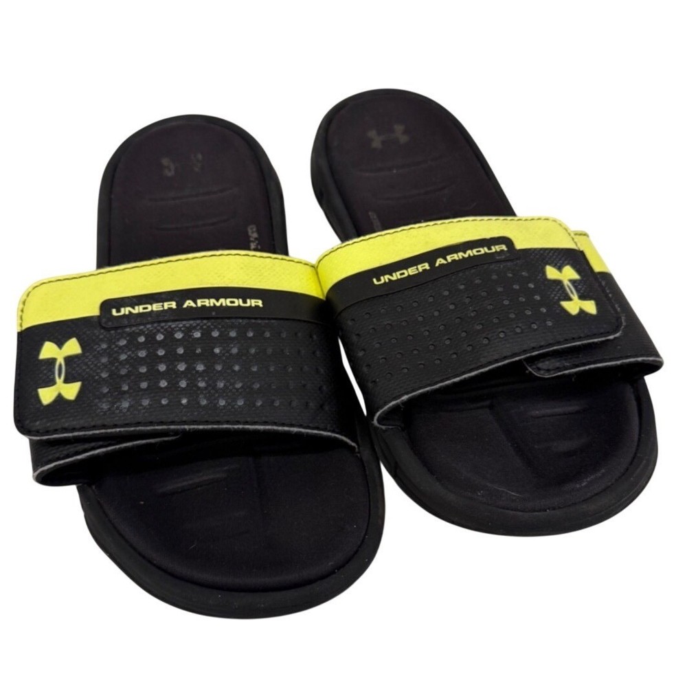 Kids Under Armour 4D foam Ignite Black Yellow Slides Sandals Beach Pool Size 6Y