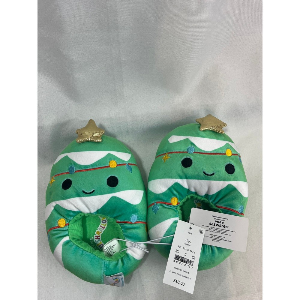 Squishmallows Christmas Tree Plush Slippers Green Kids Size 13/1 Jazwares NEW