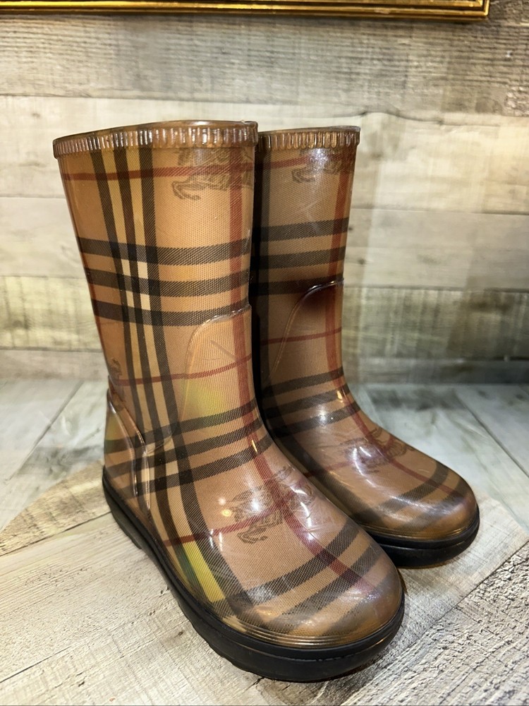 Burberry Kids Nova Check Rain Boots Rubber Wellies Brown Plaid US 10 EU 27