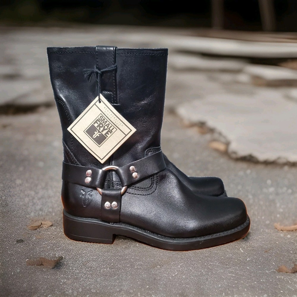 Small FRYE Black Leather Boys Moto Biker Boots Size 2 Harness Pull On NEW Shoes