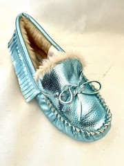 J Crew Crewcuts Kids Mocassin Slippers Aqua Blue Faux Fur Lining sz K 5
